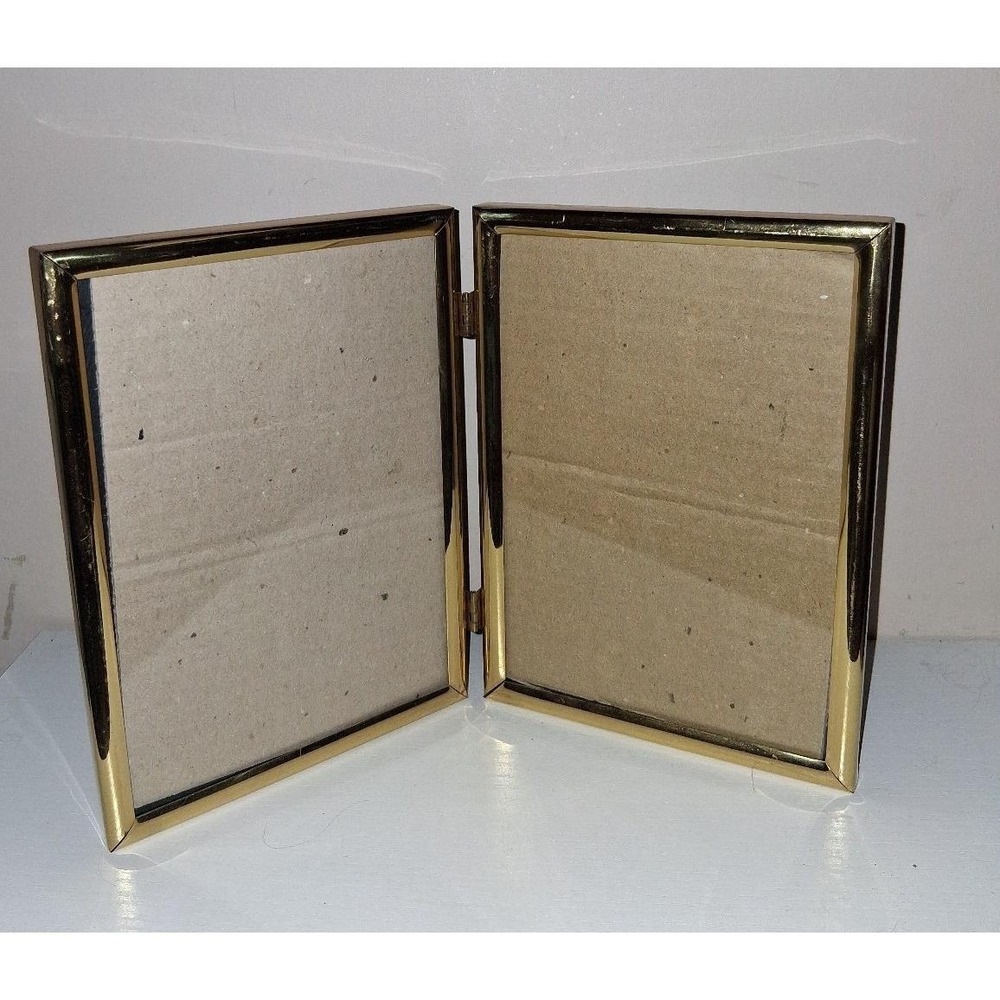 Vintage Brass Tone Hinged Double Picture Frame 6.5" x 4.5" Folding Desktop Photo